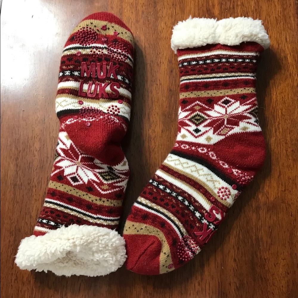 MUK LUKS  Red Jojoba Faux Shearling Cabin Socks L